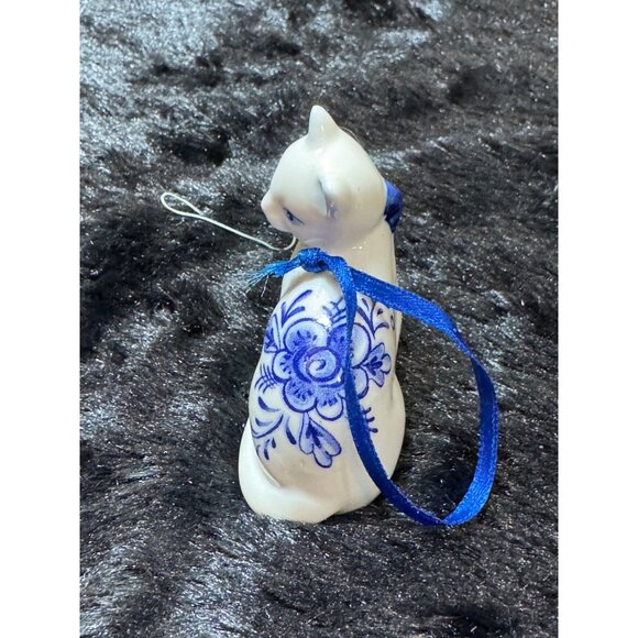 Ceramic Cat Figurine Ornament With Blue Floral Design & Ribbon - Picture 2 of 7
